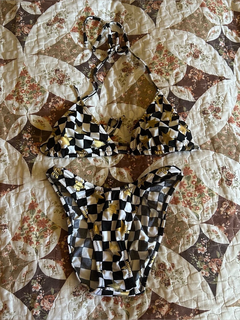 Vintage Black & Gold Checkered Triangle Bikini